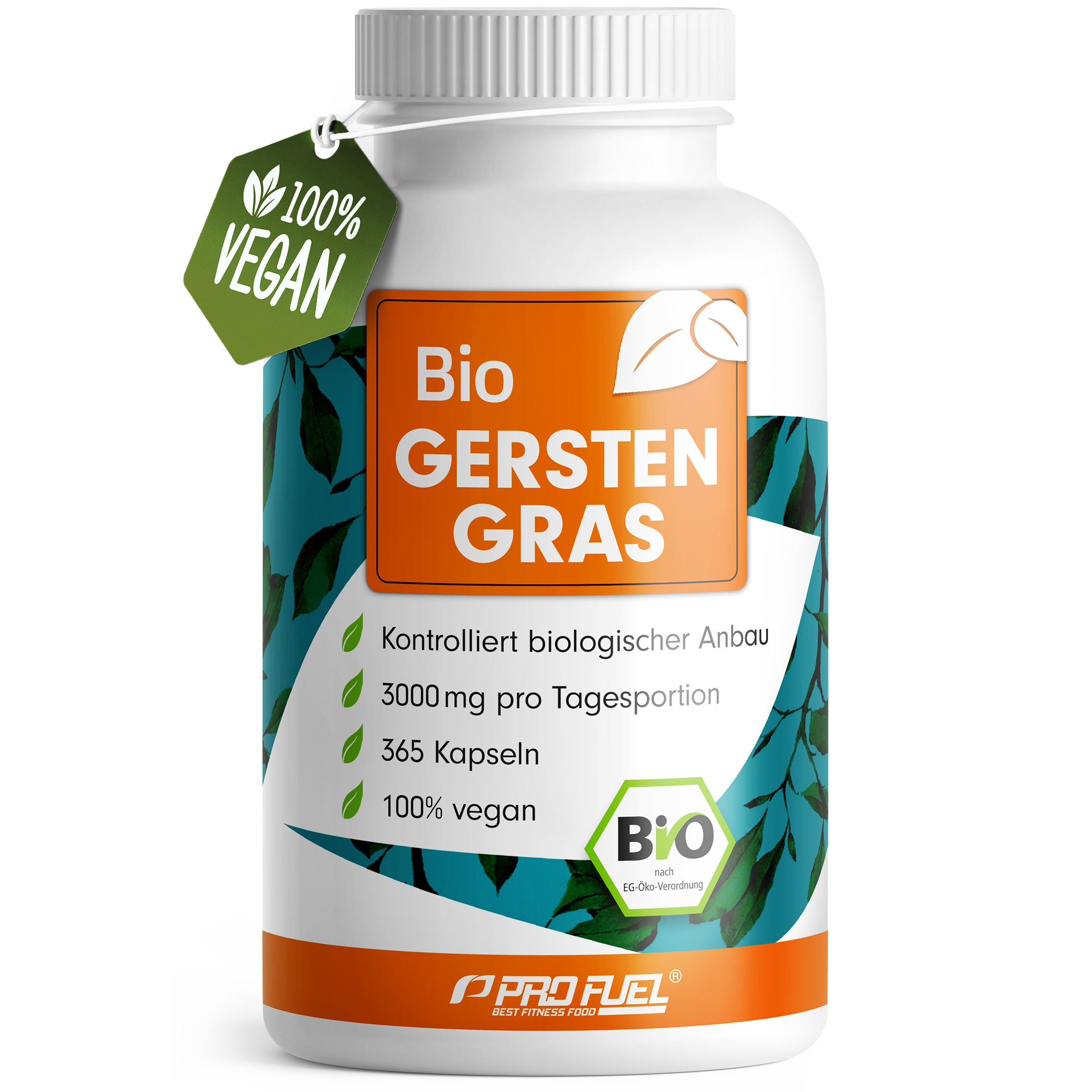 Weiße Flasche Bio Gerstengras Kapseln. Aufschrift: 3000 mg pro Tag, 100% vegan. Siegel: 100% Vegan. Logo: Bio.