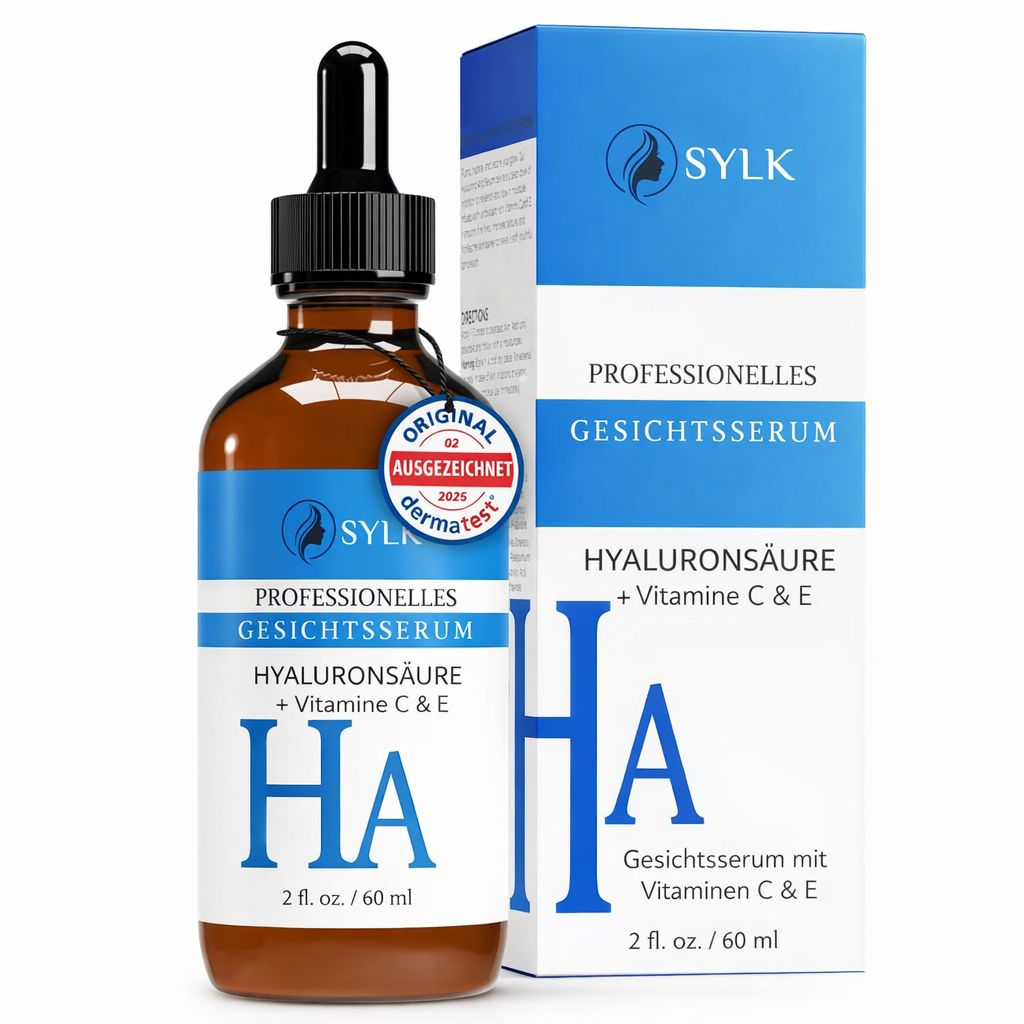 Braune Glasflasche mit schwarzer Pipette. Blaue Etiketten mit Text: Professionelles Gesichtsserum, HA, Vitamin C & E. Karton daneben.