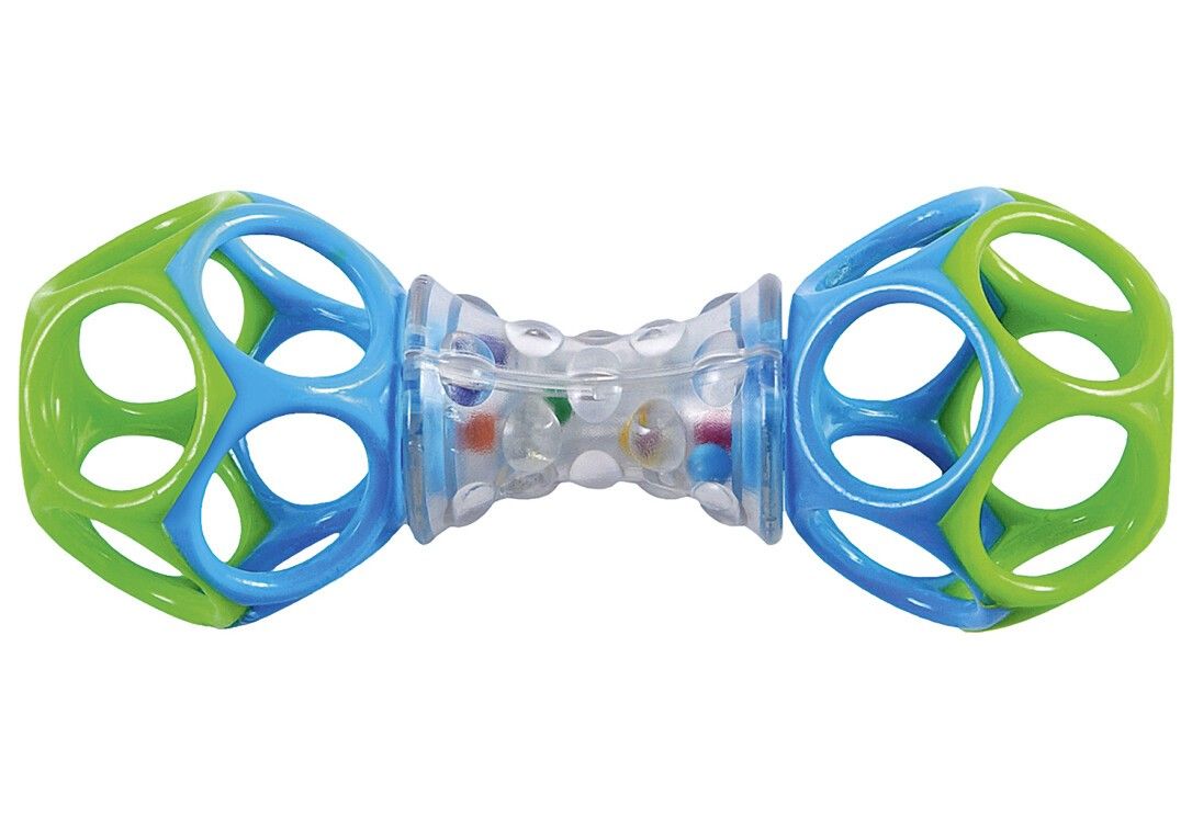 Rassel mit grünen und blauen Gitterkugeln an den Enden und einem transparenten Mittelteil mit bunten Kugeln.