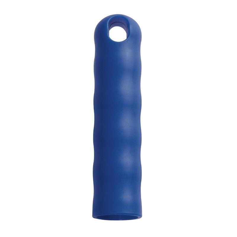 Blaue Griffkappe mit Wellenmuster und Aufhängeloch.