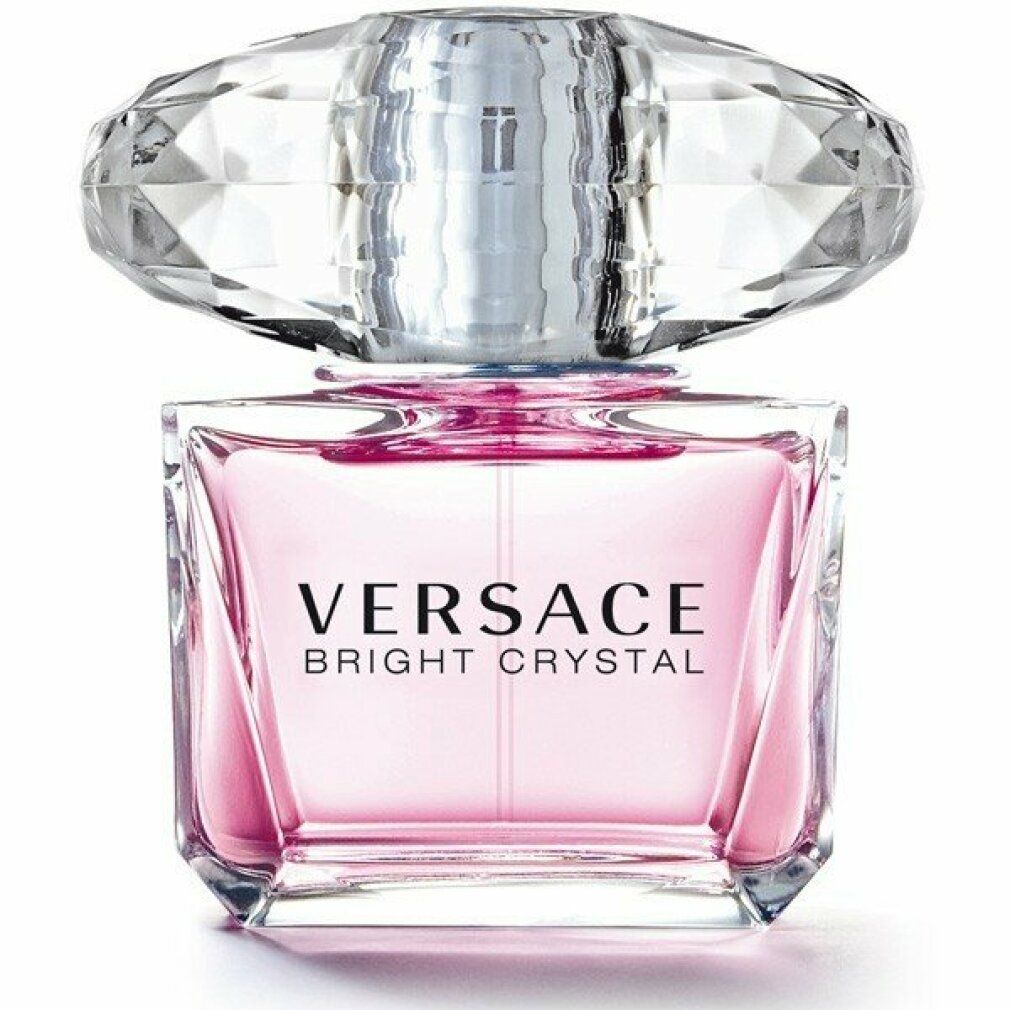 Rosa Flakon mit Kristallverschluss. Schriftzug Versace Bright Crystal. Quadratische Form.