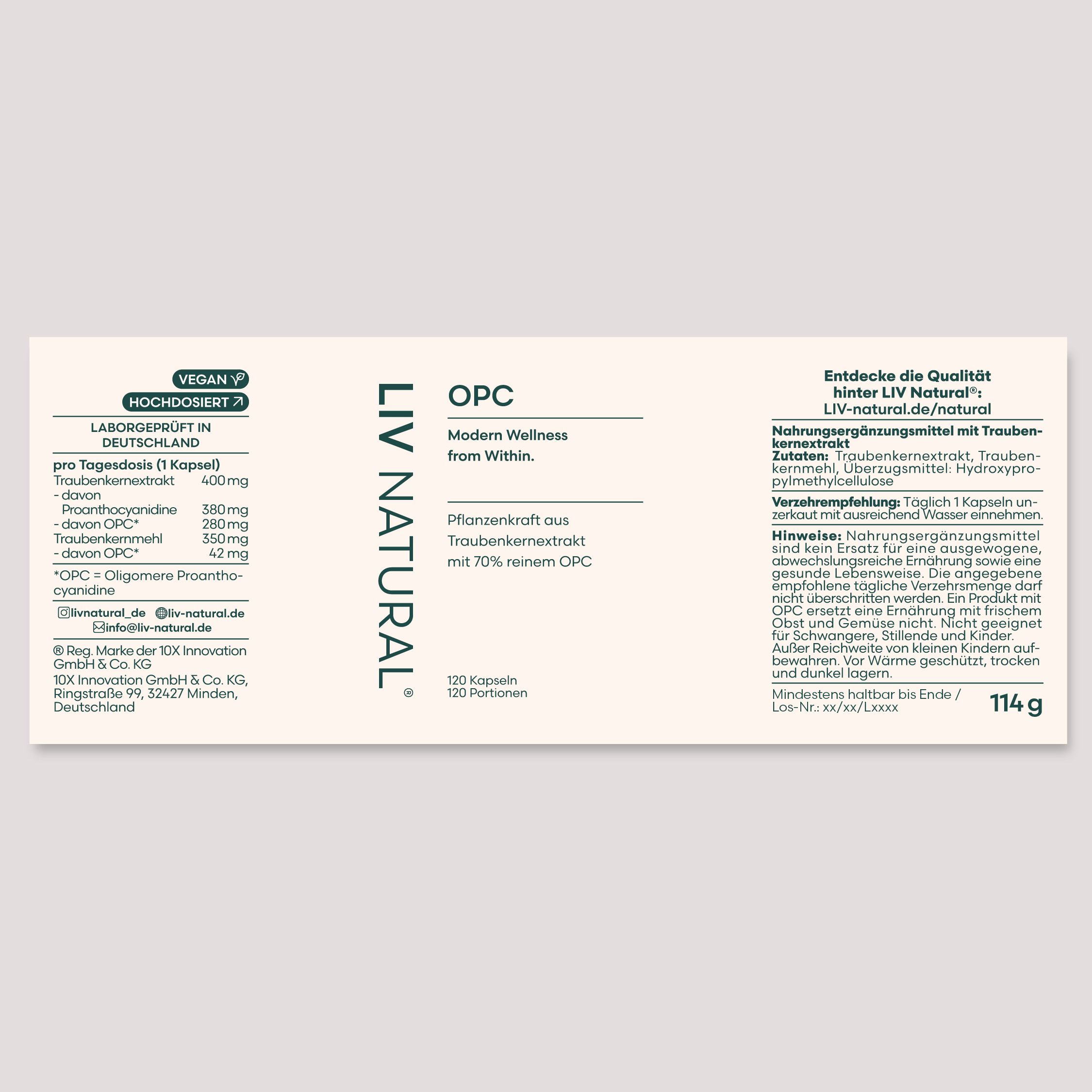 Weißes Etikett mit Text, darunter "OPC" und "LIV NATURAL". Angaben zu Inhaltsstoffen und Dosierung.