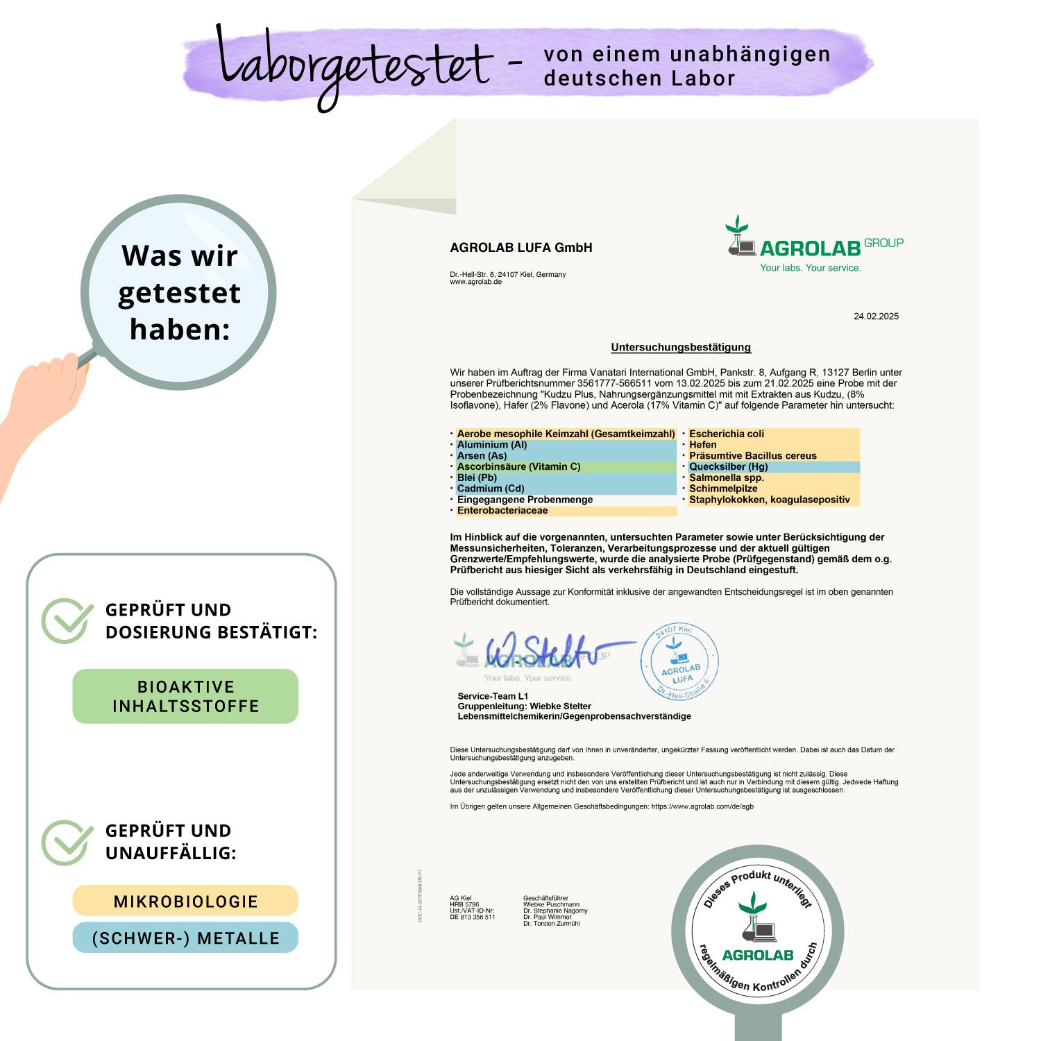 Laborbericht mit Testergebnissen. Logo von Agrolab. Bestätigung von bioaktiven Inhaltsstoffen und Mikrobiologie.