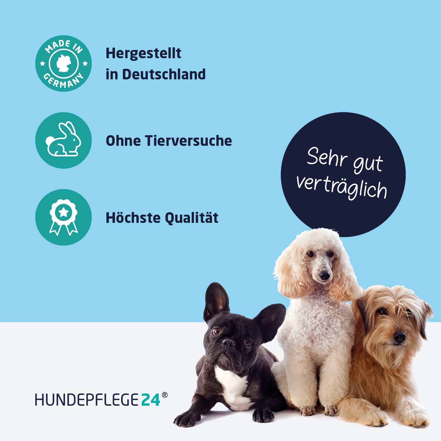 Drei Hunde, Text: Hergestellt in Deutschland, ohne Tierversuche, höchste Qualität. Grünes Siegel, Kaninchen-Symbol, Stern-Symbol.