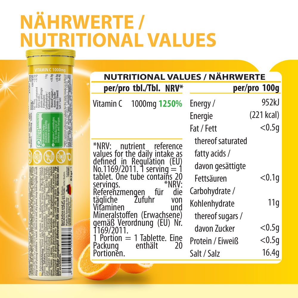 Detailansicht der gelben Tube EVÄM Vitamin C 1000mg Brausetabletten. Aufschrift: Vitamin C, 1000mg, Premium. Nährwerttabelle.