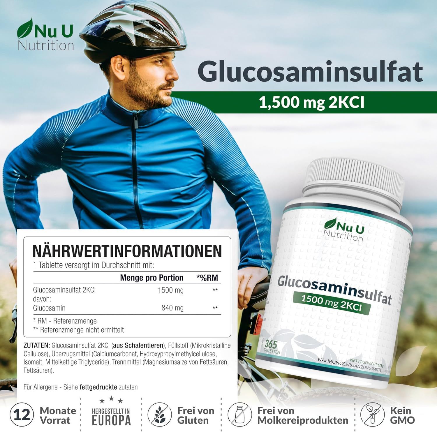 Produktflasche mit Glucosamin Sulfat 1500mg 2KCI. Mann im Radsport-Outfit. Nährwertinformationen. 12 Monate Vorrat. Glutenfrei.