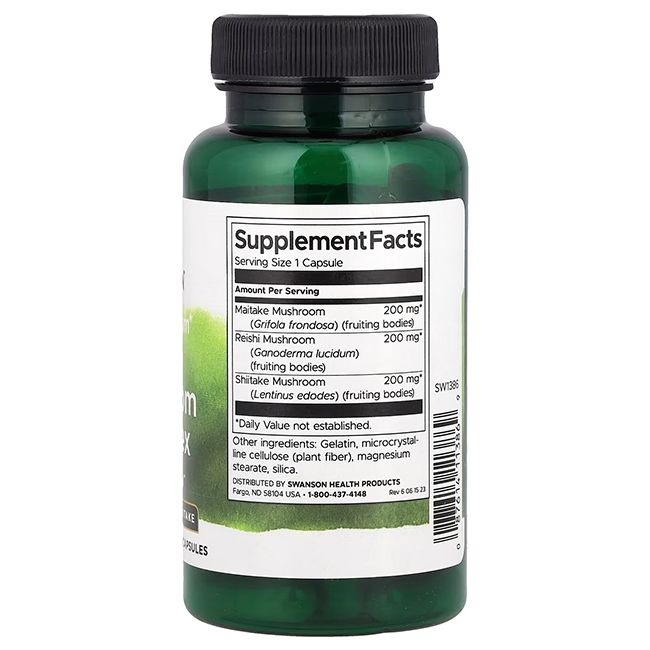 Rückseite einer grünen Flasche mit schwarzem Deckel. Etikett mit Nährwertangaben: Maitake, Reishi, Shiitake. Inhaltsstoffe.