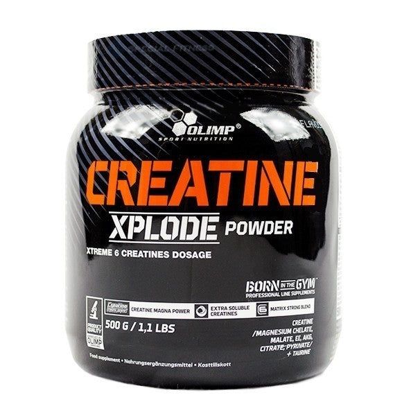 Olimp Creatine Xplode Pulverbehälter, 500g. Schwarze Dose mit orangefarbener und weißer Beschriftung.