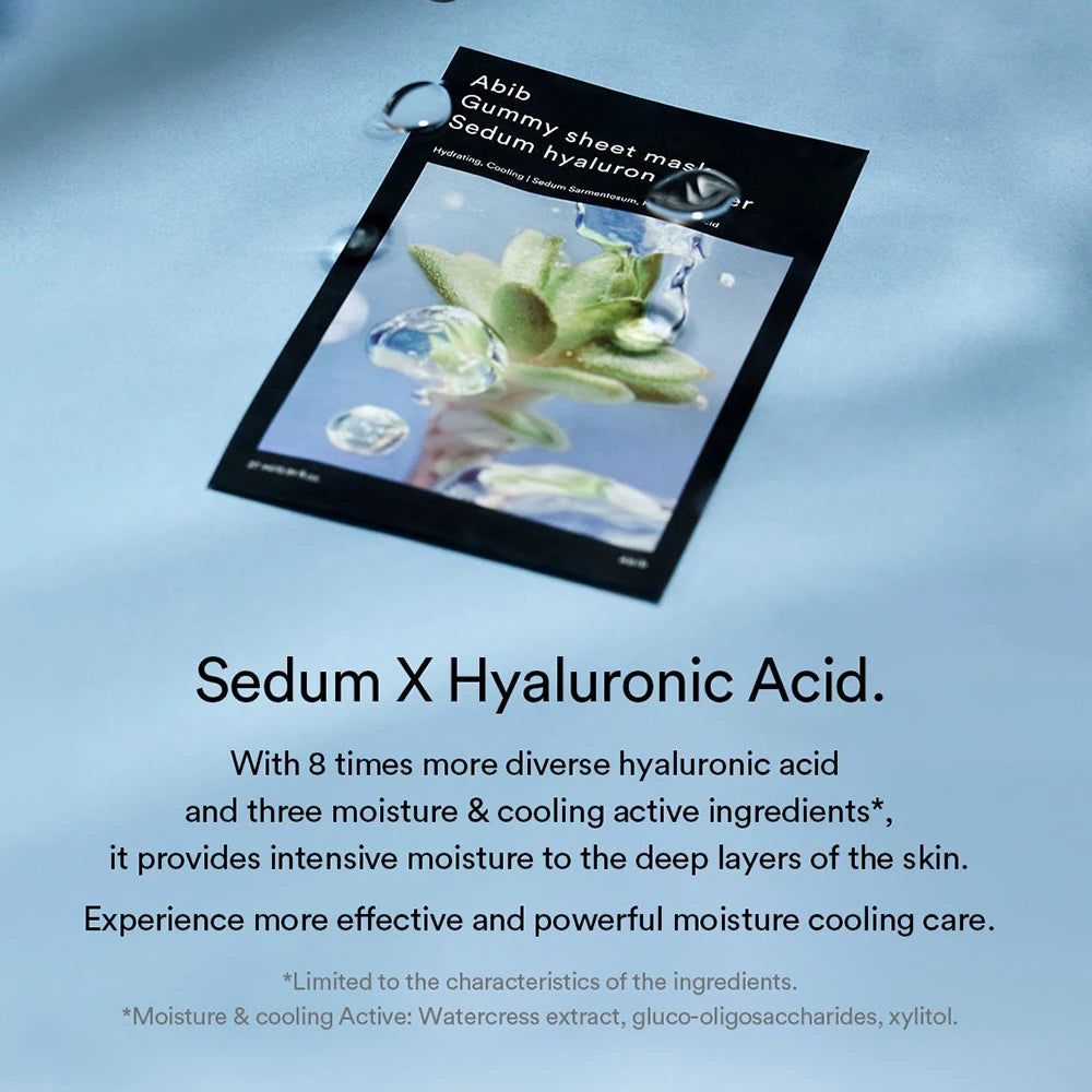 Abib Gummy Sheet Mask Sedum Hyaluron Sticker mit Text über Hyaluronsäure.