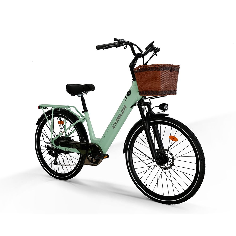 Hellgrünes Elektrofahrrad mit Korb, schwarzem Sattel und Reifen. Weißer Hintergrund.