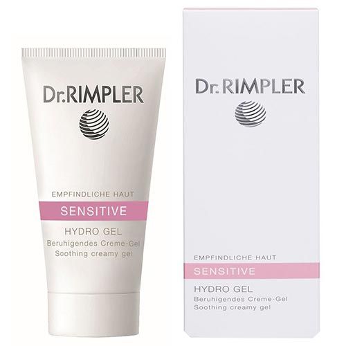 Creme-Gel-Tube und Verpackung. Aufschrift: Dr. Rimpler, Sensitive, Hydro Gel. Beruhigendes Creme-Gel. Empfindliche Haut.