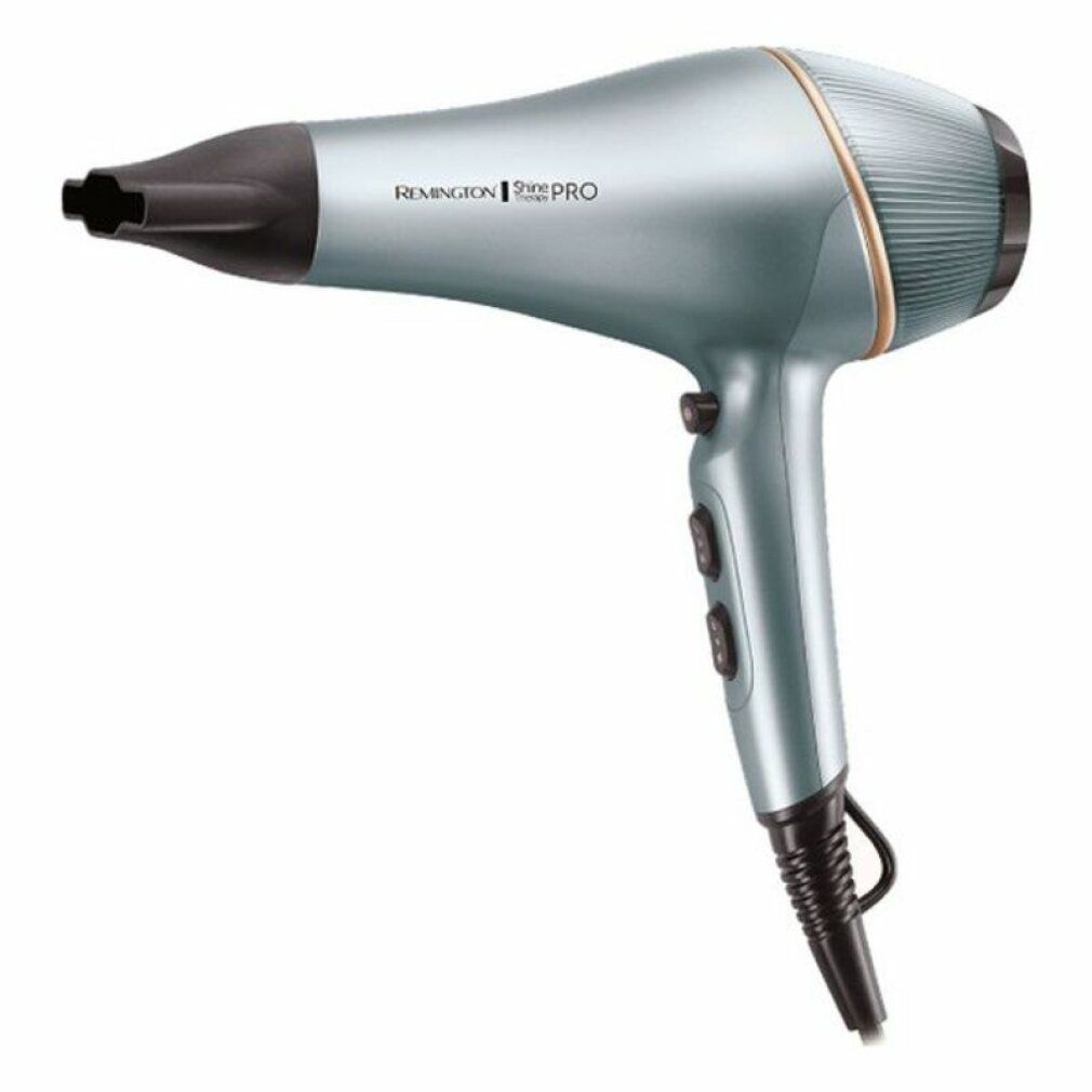 Blau-metallischer Haartrockner. Marke: Remington Shine Therapy PRO. Schwarzes Kabel, drei Schalter.