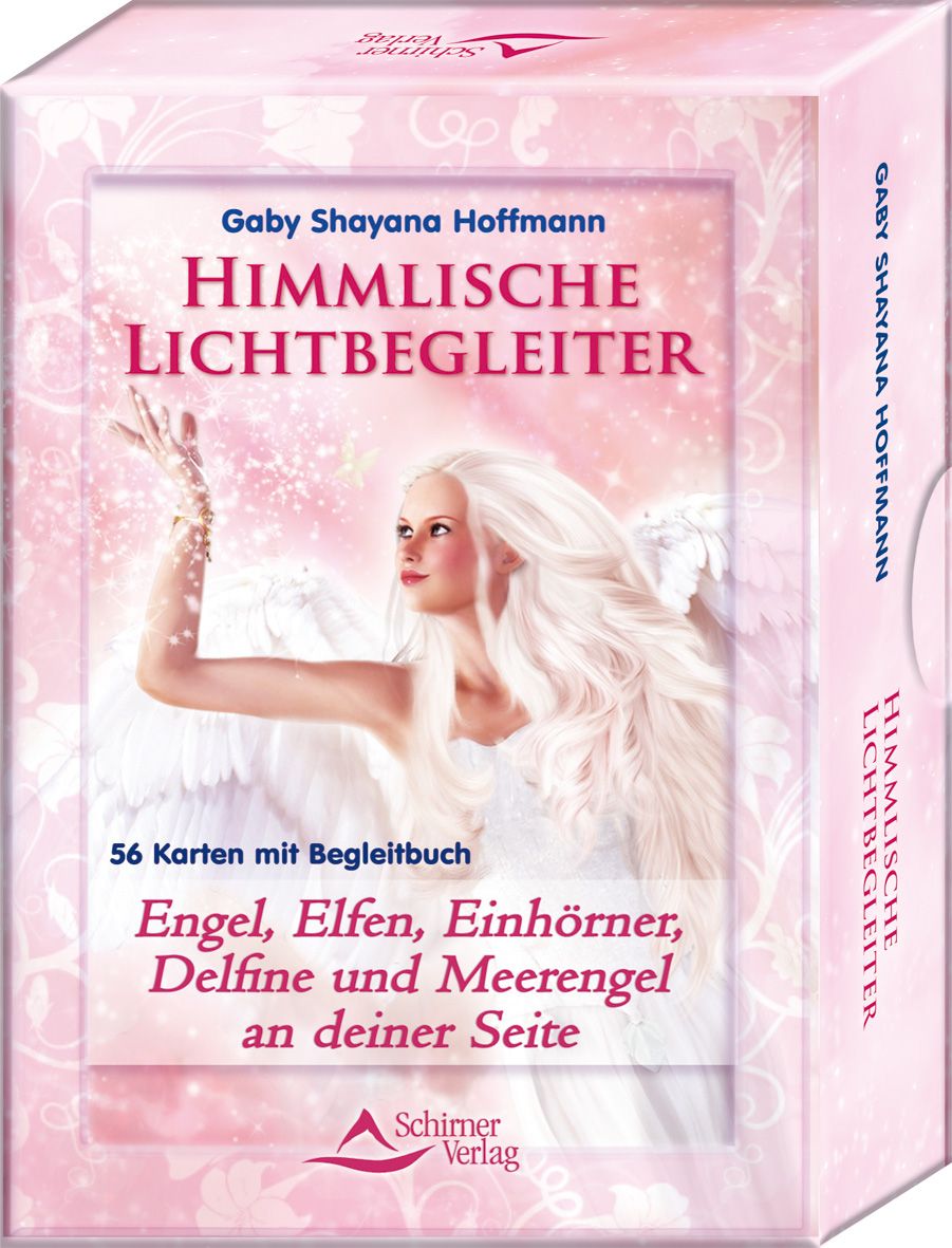 Kartenbox mit Titel 'Himmlische Lichtbegleiter'. Enthält 56 Karten und ein Begleitbuch. Abgebildet: Engel, Elfen, Einhörner, Delfine und Meerengel. Verlag: Schirmer Verlag.