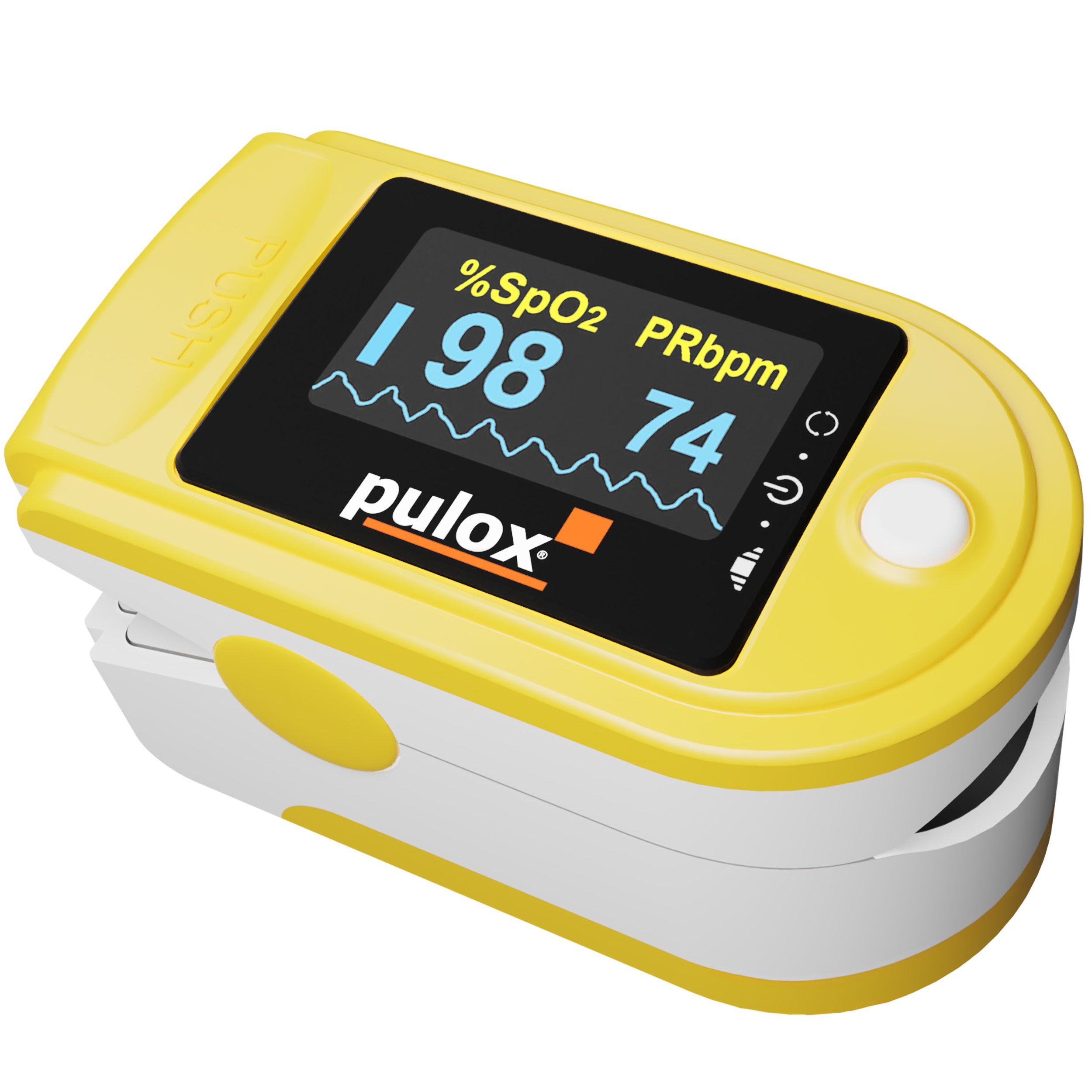 Gelbes Pulsoximeter mit weißem Gehäuse. Das Display zeigt %SpO2 und PRbpm an. "pulox" Logo sichtbar.