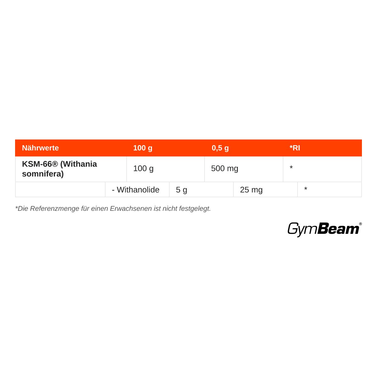 Nährwerttabelle für GymBeam Ashwagandha KSM-66 Pulver mit Angaben pro 100g und 0,5g.
