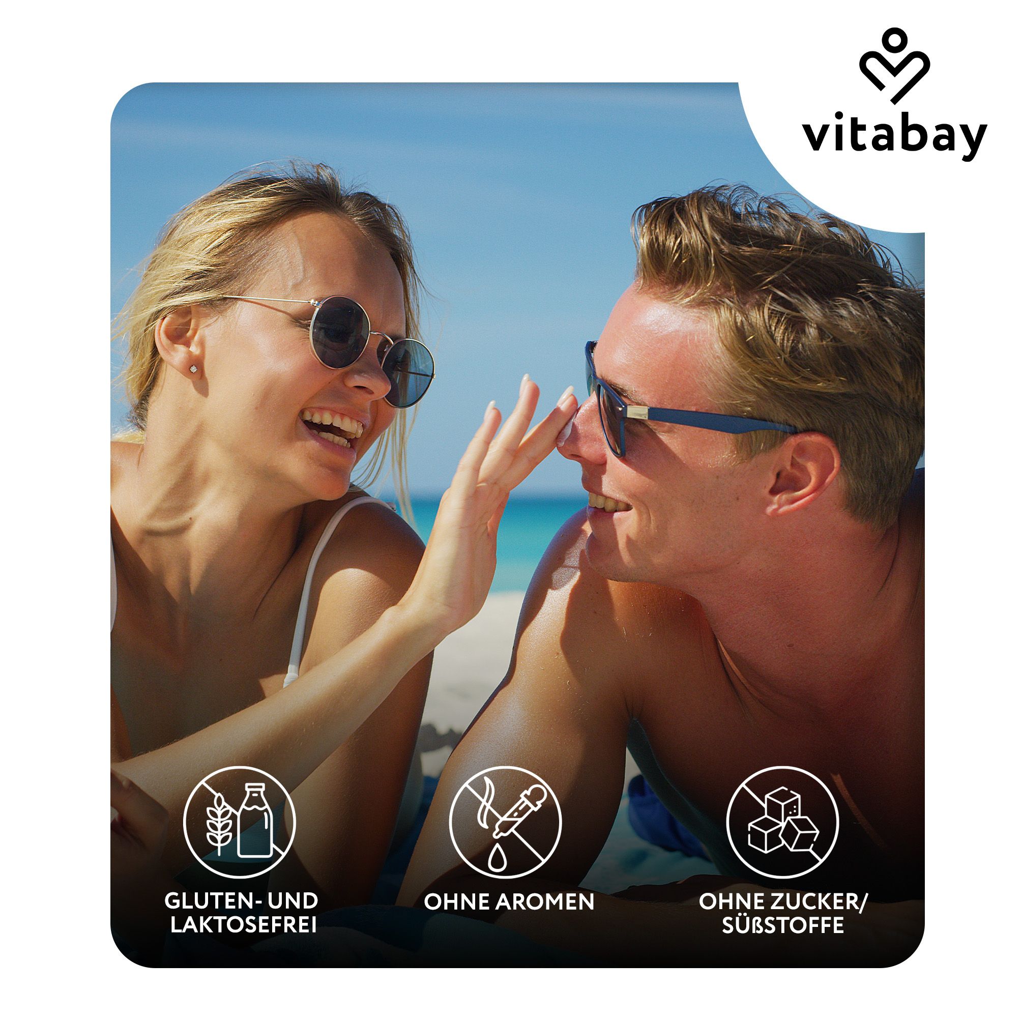 Zwei Personen am Strand. Text: Gluten- und laktosefrei, ohne Aromen, ohne Zucker/Süßstoffe. Marke: Vitabay.