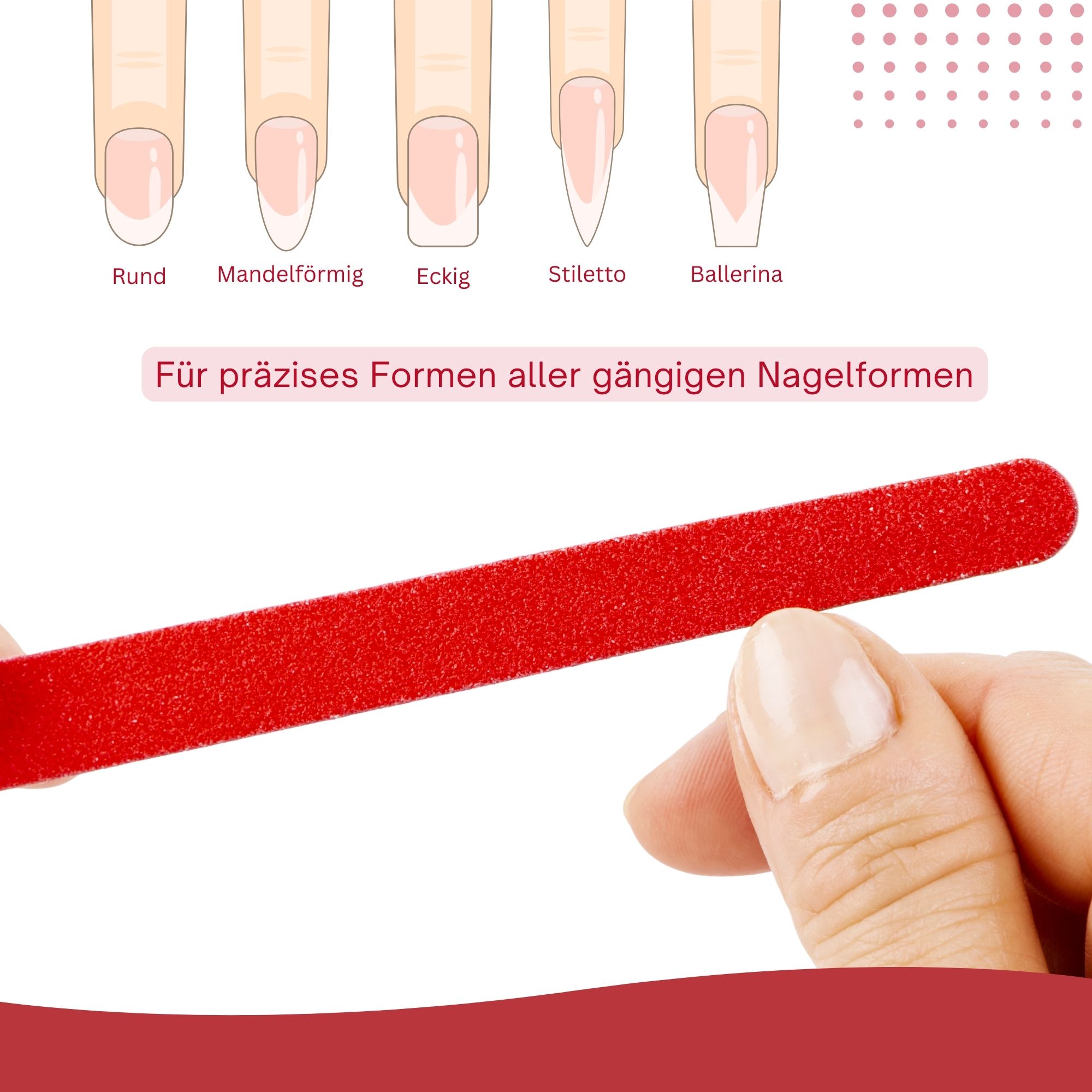 Illustration verschiedener Nagelformen: rund, mandelförmig, eckig, Stiletto, Ballerina.