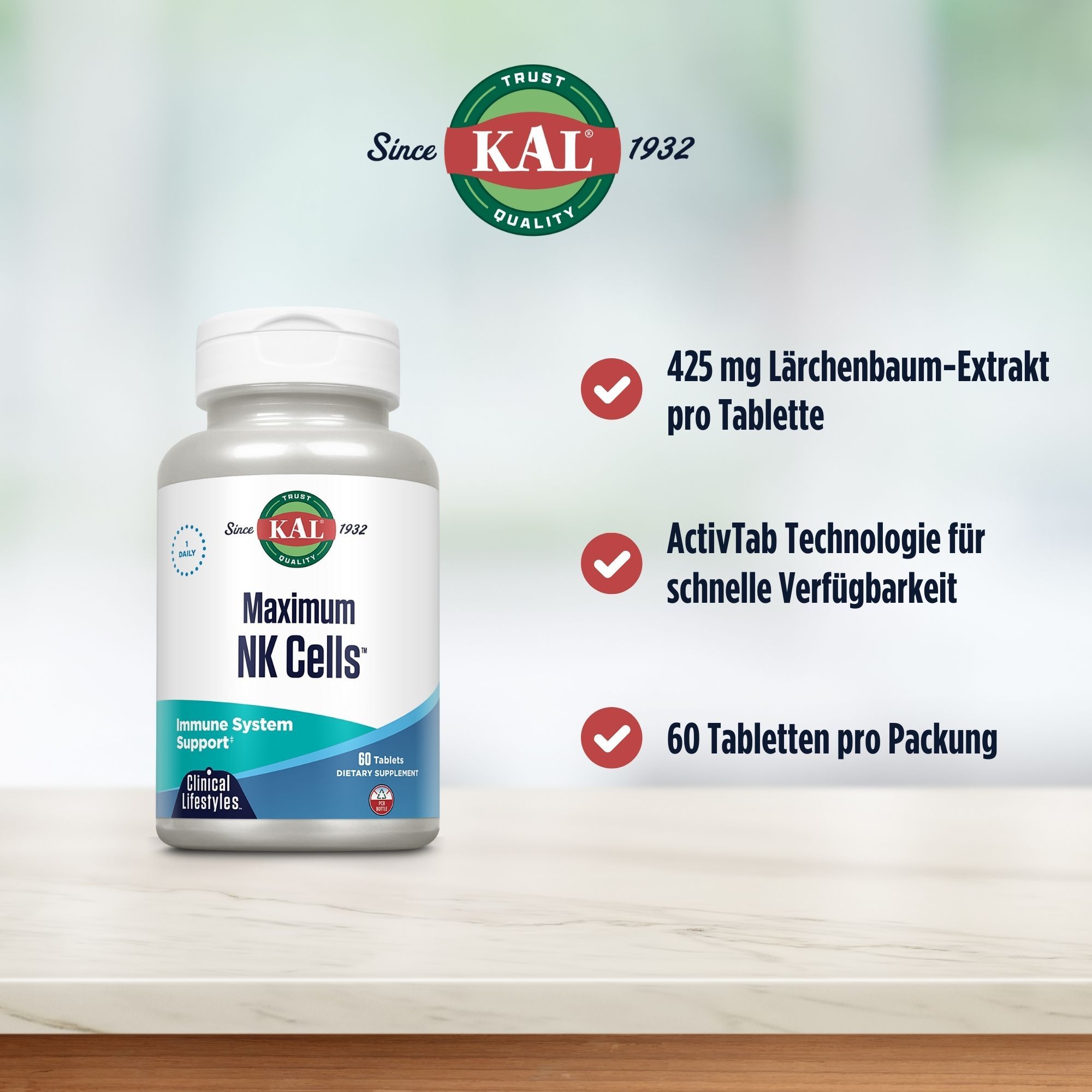Weiße Flasche "Maximum NK Cells". Text: 425 mg Lärche, ActivTab Technologie, 60 Tabletten. Marke: KAL.