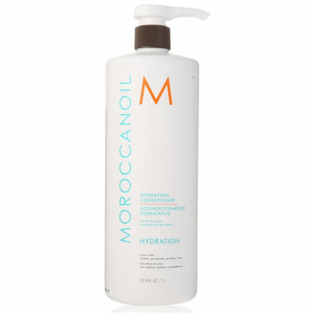 Hohe, weiße Flasche mit Pumpe. Aufschrift: Moroccanoil, Hydration Conditioner. Orangefarbenes Logo. 1 Liter.