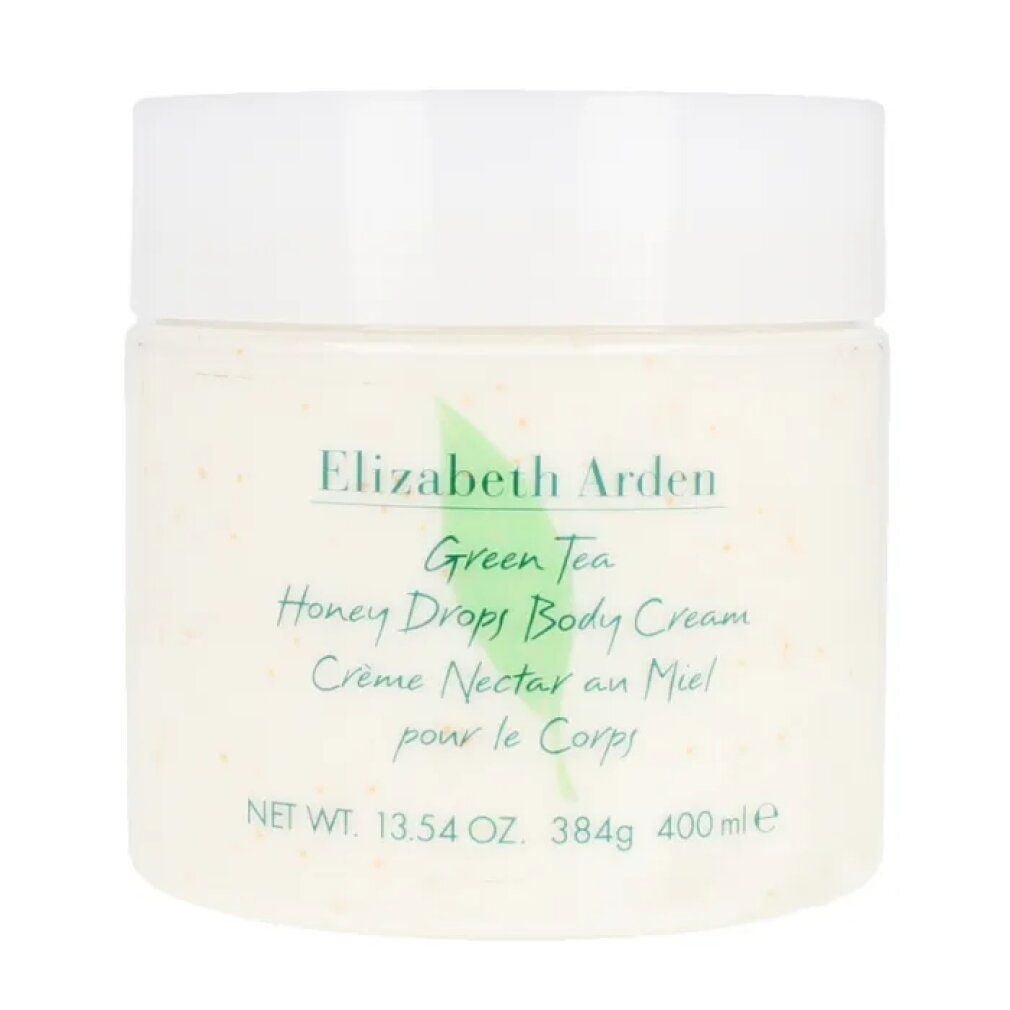 Cremebehälter mit weißem Deckel. Aufschrift: Elizabeth Arden Green Tea Honey Drops Body Cream. 400 ml.