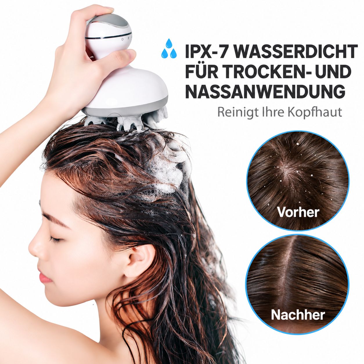 Elektrisches Kopfmassagegerät mit 4 rotierenden Köpfen, weiß und grau, IPX-7 wasserdicht.