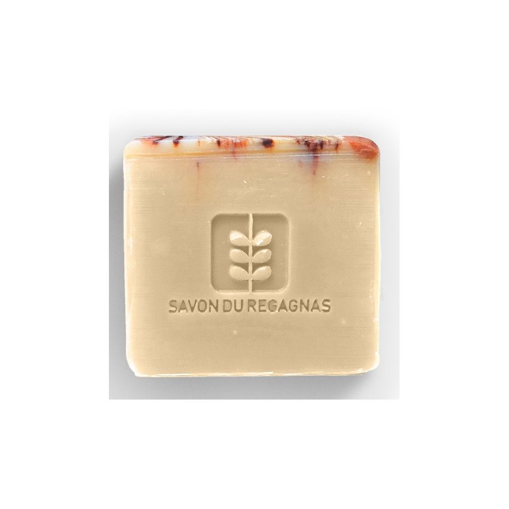 Seife mit Logo und Schriftzug 'Savon du Regagnas'. Rechteckige Form, helle Farbe, farbiger Rand.