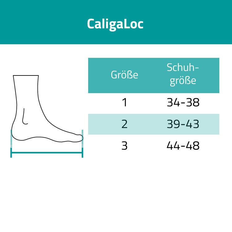Größentabelle für CaligaLoc. Größen 1-3, Schuhgrößen 34-48. Illustration eines Fußes.