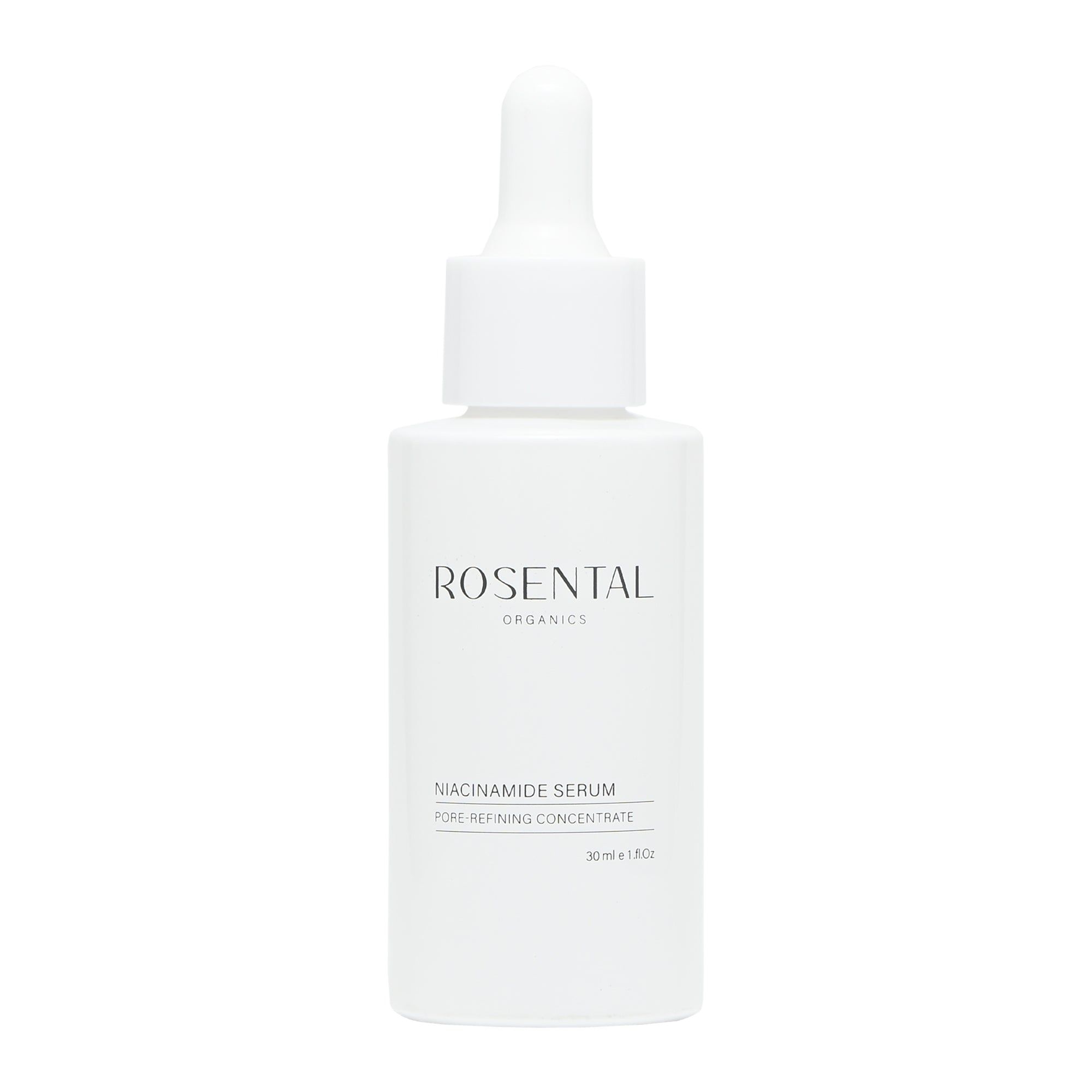 Weiße Flasche mit Pipette. Aufschrift: Rosental Organics, Niacinamide Serum, Pore Refining Concentrate. 30 ml / 1.0 fl oz.