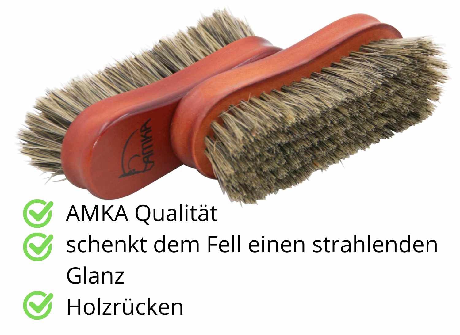 Zwei AMKA Classic Schmusebürsten. Die Bürsten haben einen Holzrücken. Auf dem Bild steht: AMKA Qualität, schenkt dem Fell einen strahlenden Glanz, Holzrücken.