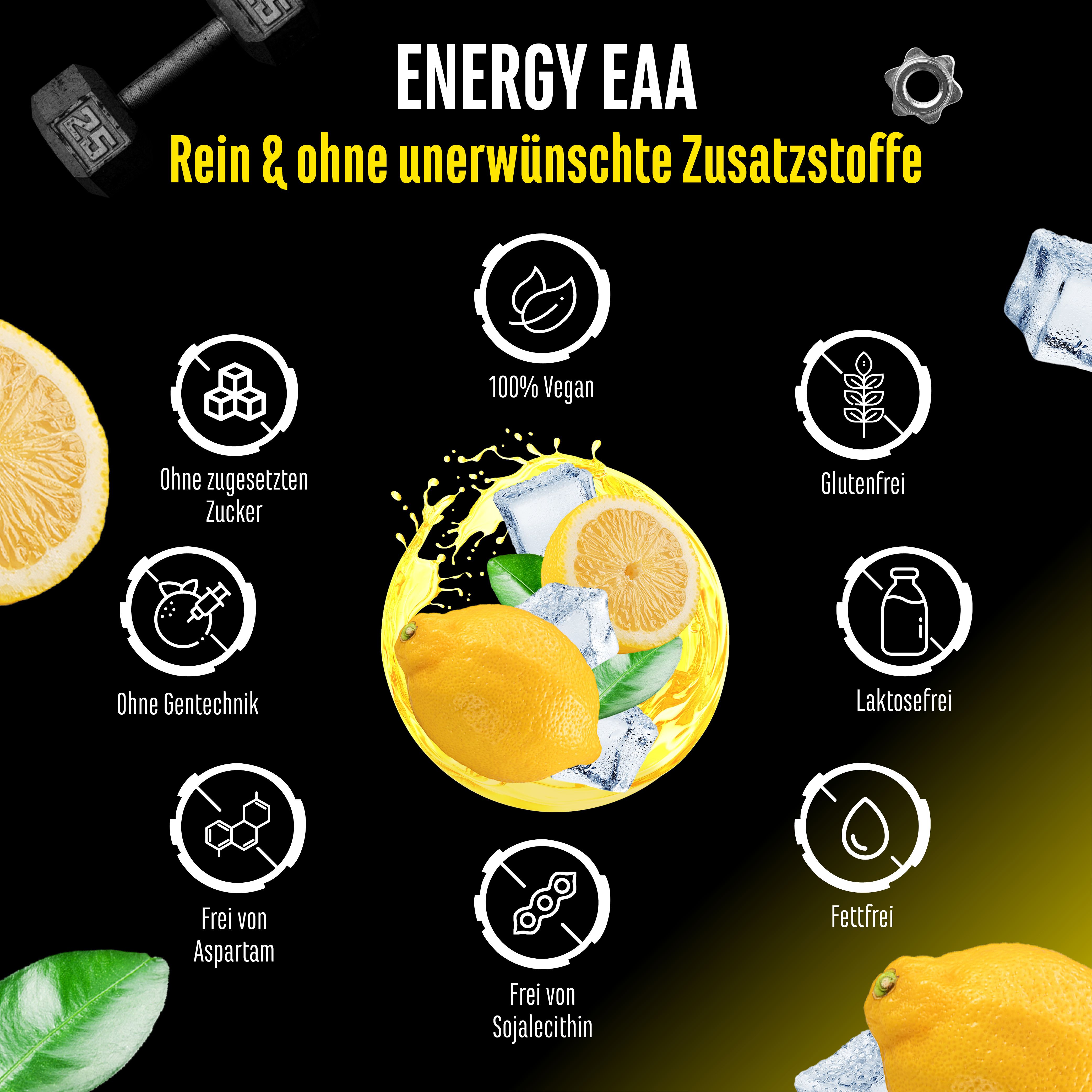 Werbebild für Energy EAA. Icons: ohne Zucker, vegan, glutenfrei, ohne Gentechnik, laktosefrei, ohne Aspartam, fettfrei, sojafrei.