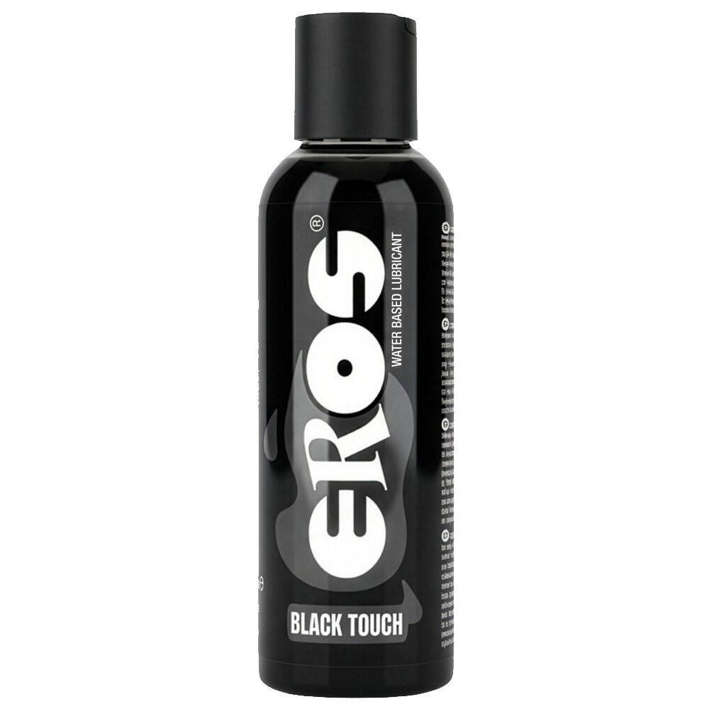 Schwarze Flasche mit schwarzem Deckel. Aufschrift: EROS, Black Touch, Water Based Lubricant.