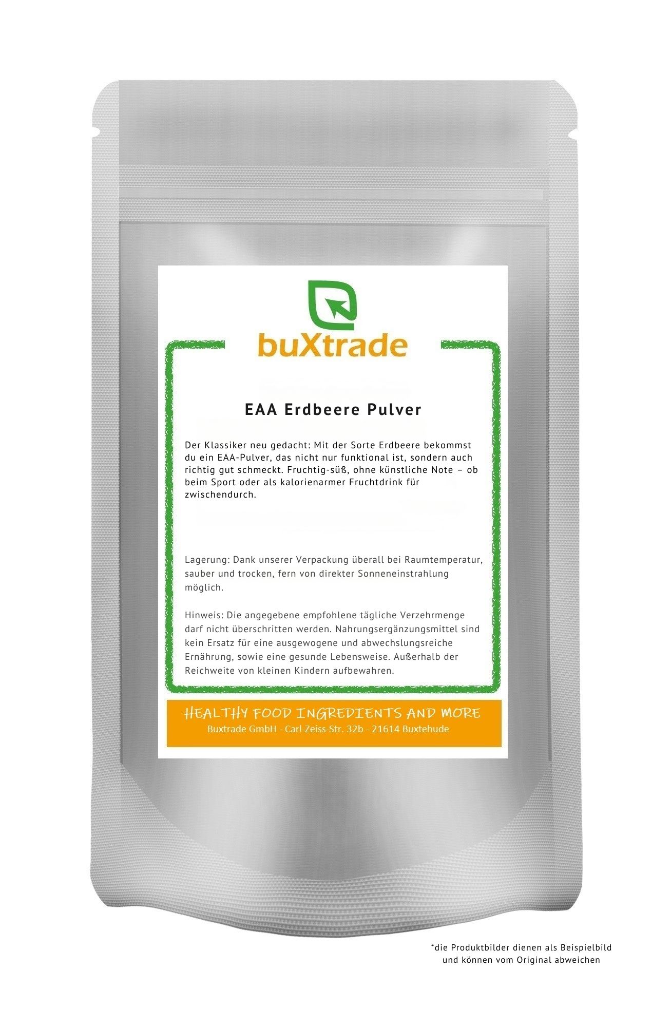 Beutel mit buXtrade EAA Erdbeere Pulver. Weißer Beutel mit grünem Etikett. Text: EAA Erdbeere Pulver.