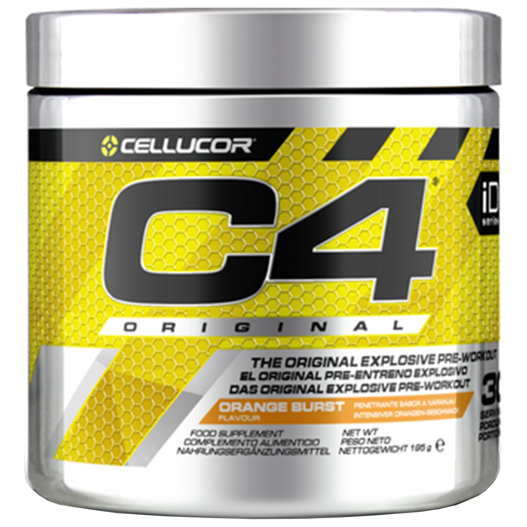 Zylindrische Dose mit gelbem Etikett. Aufschrift C4 Original, Orange Burst. Marke Cellucor. Nahrungsergänzungsmittel.
