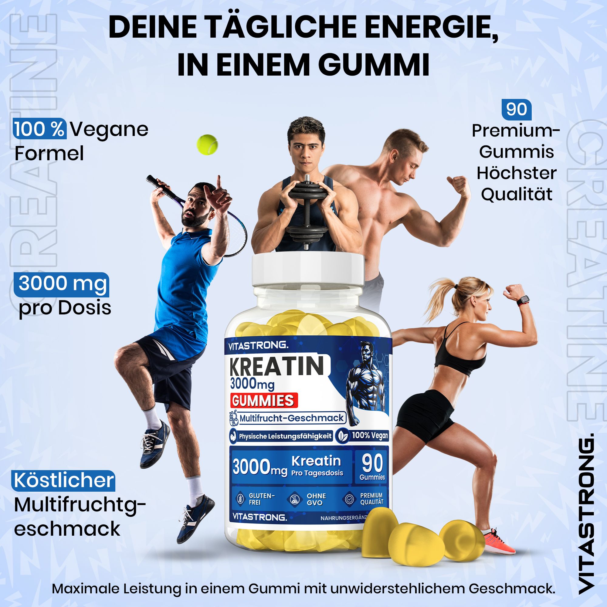 Werbebild mit Kreatin-Gummis. Athleten trainieren. Flasche mit 90 Gummis. Text: 3000mg pro Dosis, 100% vegan.