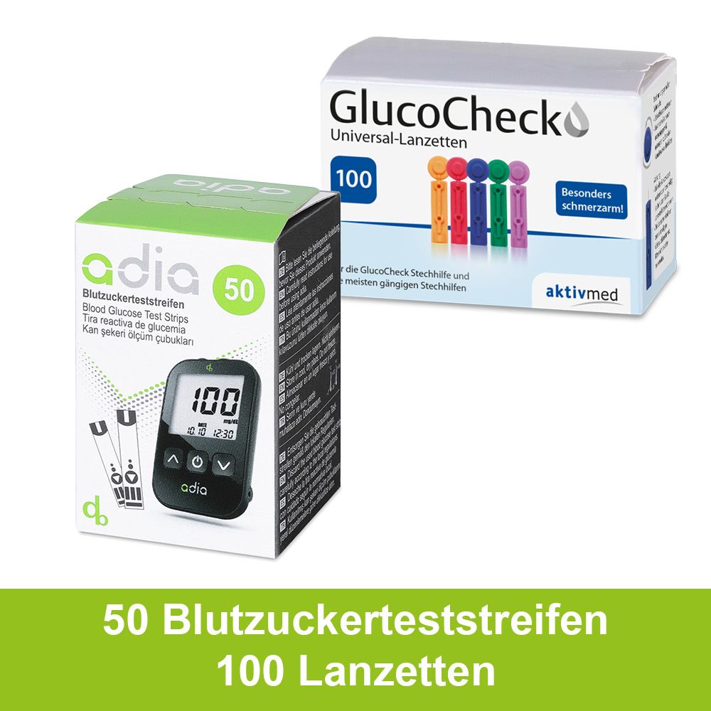 adia 50 Blutzuckerteststreifen, 100 Lanzetten für die Blutzuckermessung mit adia