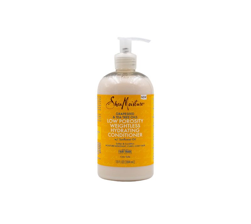 Spülung für Low-Porosity-Haare mit Pumpverschluss, gelbes Etikett.