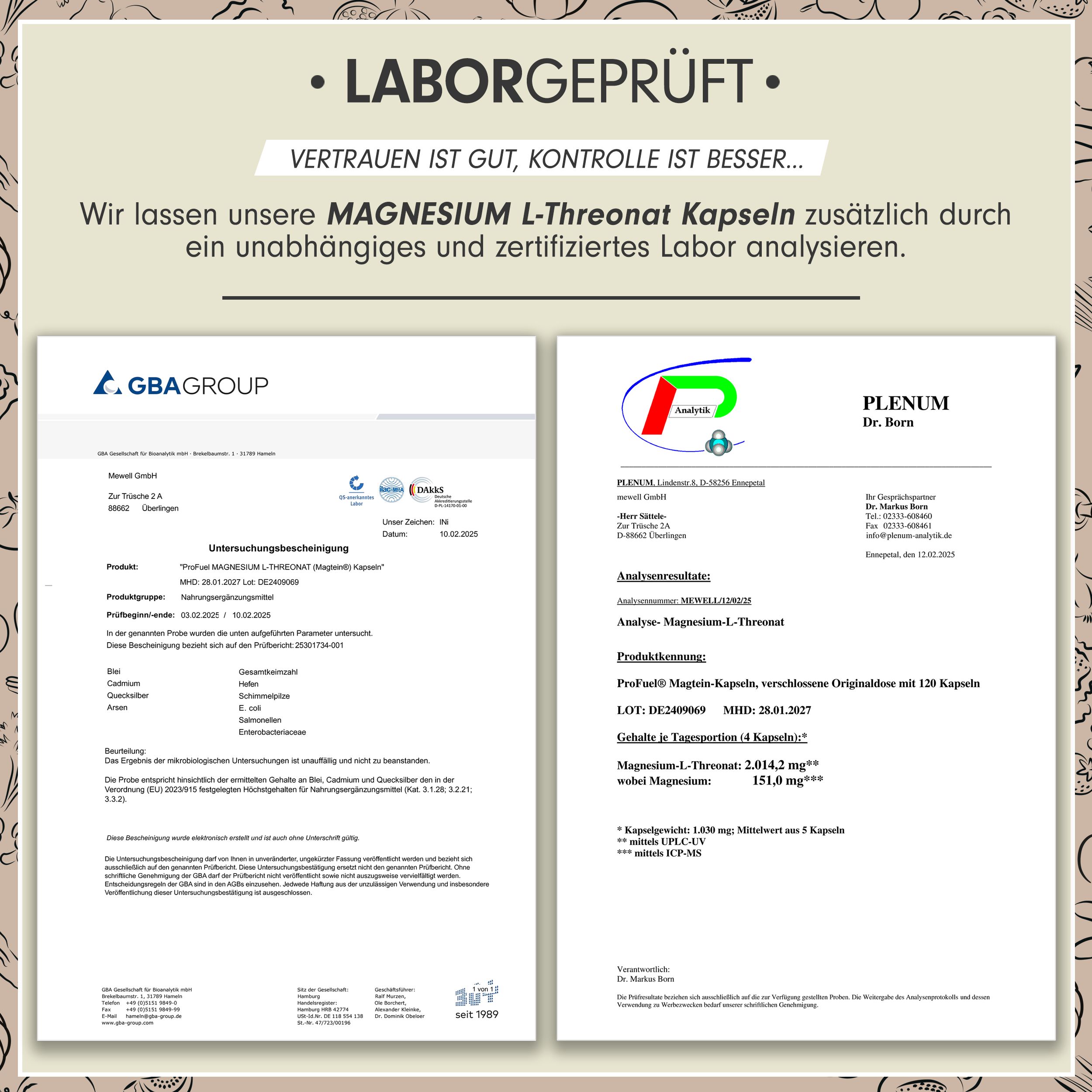 Zwei Laborberichte. Dokumente mit Text und Logos. Informationen zur Analyse von Magnesium L-Threonat Kapseln.