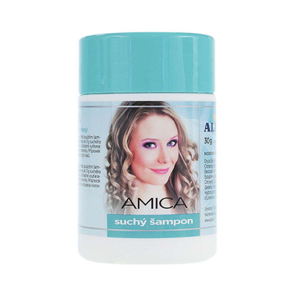 Zylindrische Dose mit türkis Deckel. Aufdruck: AMICA, Frauengesicht, Text. Trockenshampoo.