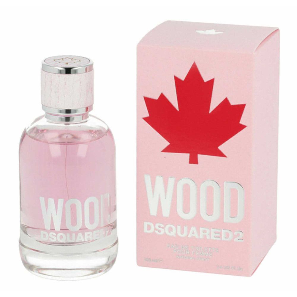 Rosa Parfümflasche und Verpackung. Aufschrift WOOD DSQUARED2. Rotes Ahornblatt. Rosa Deckel mit Holzoptik.