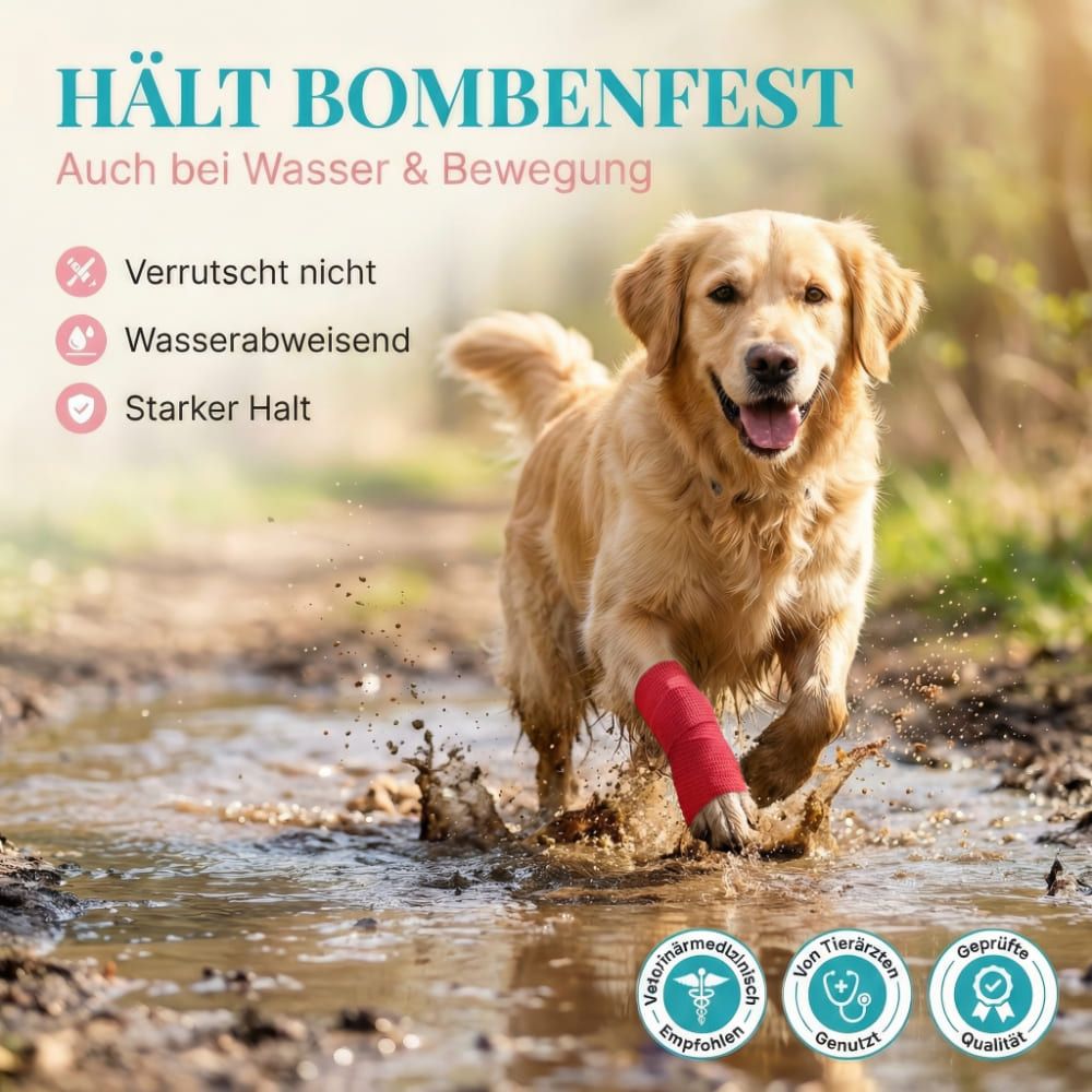 Goldener Retriever mit roter Bandage am Bein, rennt durch Wasser. Text: Hält bombenfest, auch bei Wasser & Bewegung.