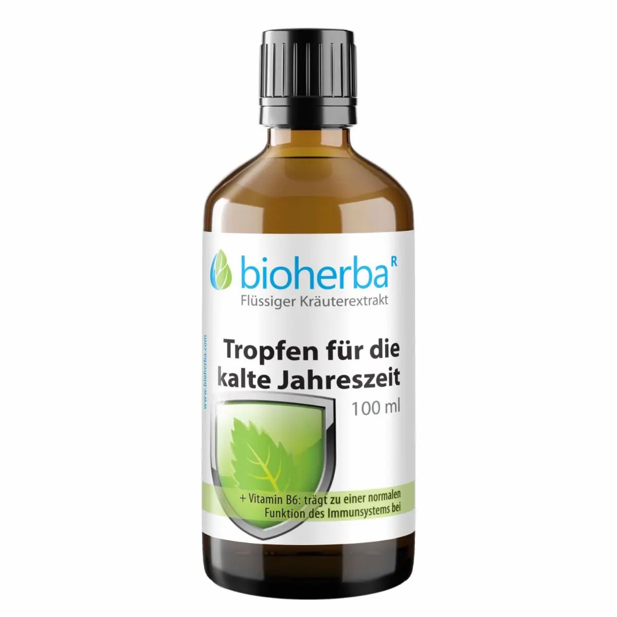 Braune Glasflasche mit schwarzem Deckel. Weißes Etikett mit Produktname und grüner Grafik. Text: Tropfen für die kalte Jahreszeit.