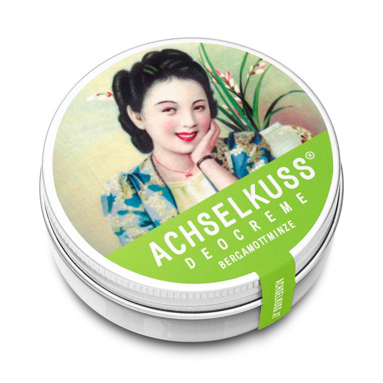 ACHSELKUSS Deocreme Bergamottminze in runder Dose, seitliche Ansicht mit Etikett.
