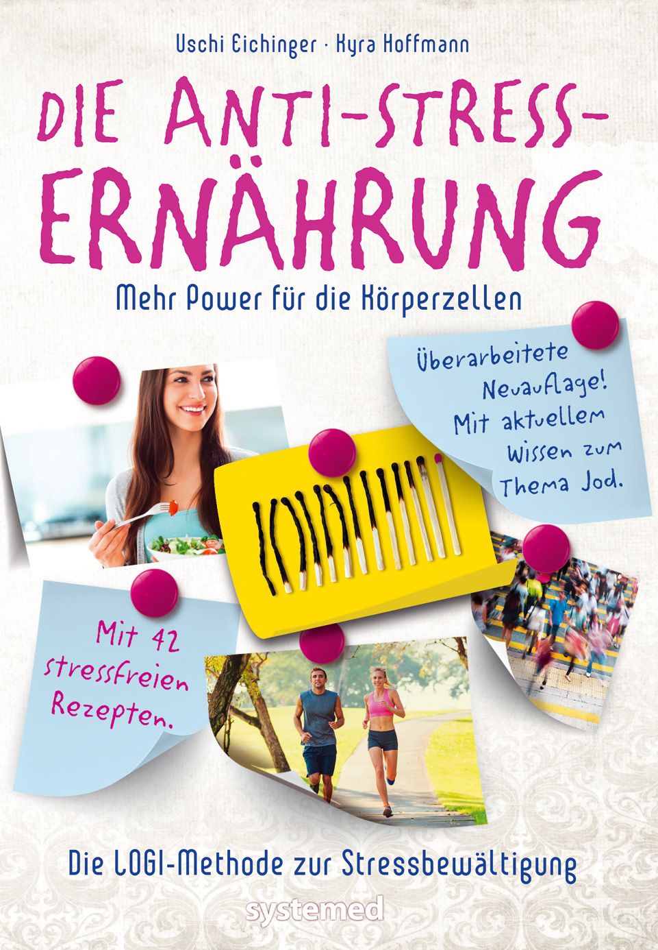Buchcover: "Die Anti-Stress-Ernährung". Titel in Pink. Fotos von Frau, Läufern, Streichhölzern. Blaue und gelbe Notizzettel mit Text.