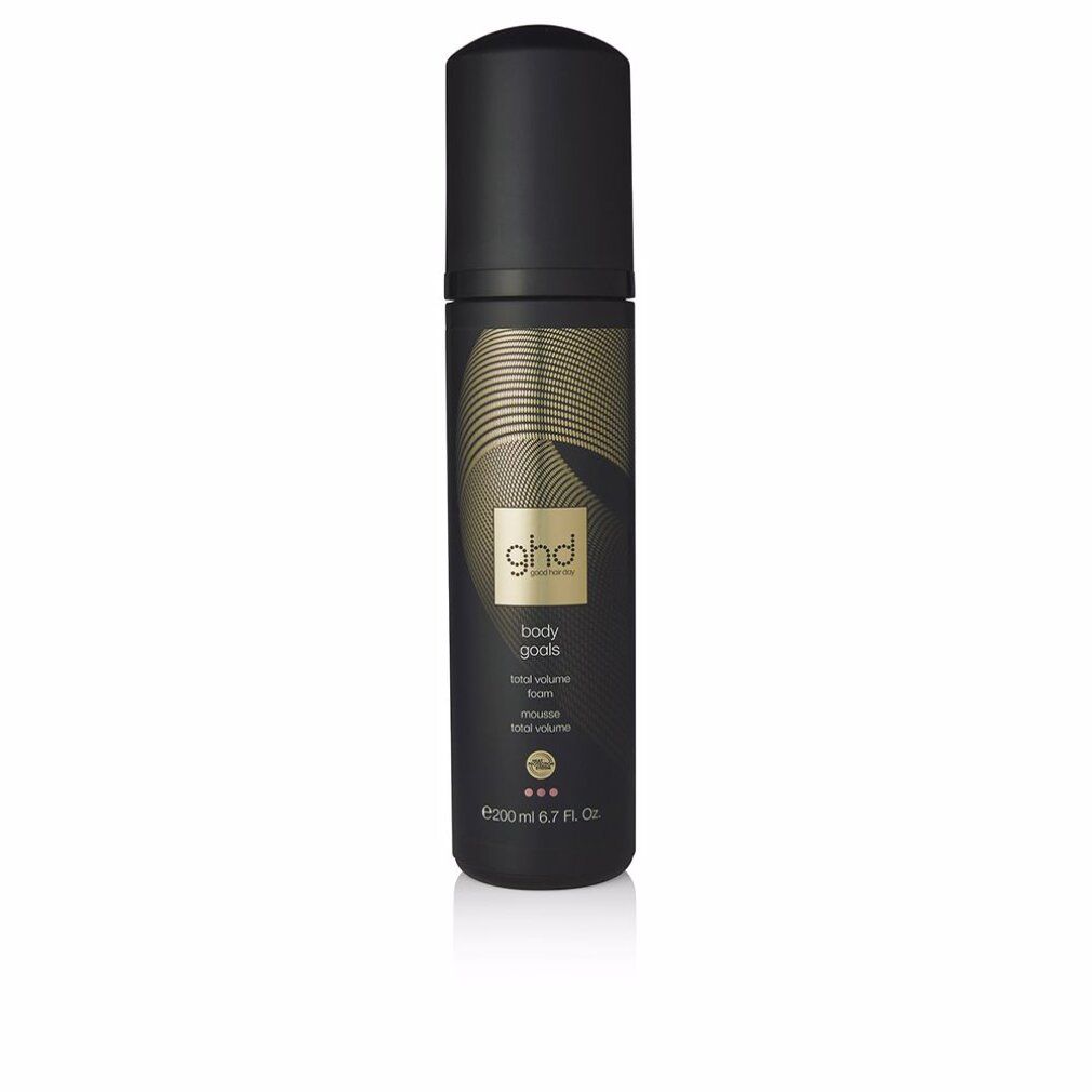 Schwarze Flasche mit schwarzem Pumpkopf. Goldfarbener Schriftzug: ghd, body goals, total volume foam. Volumen Schaum. 200 ml.