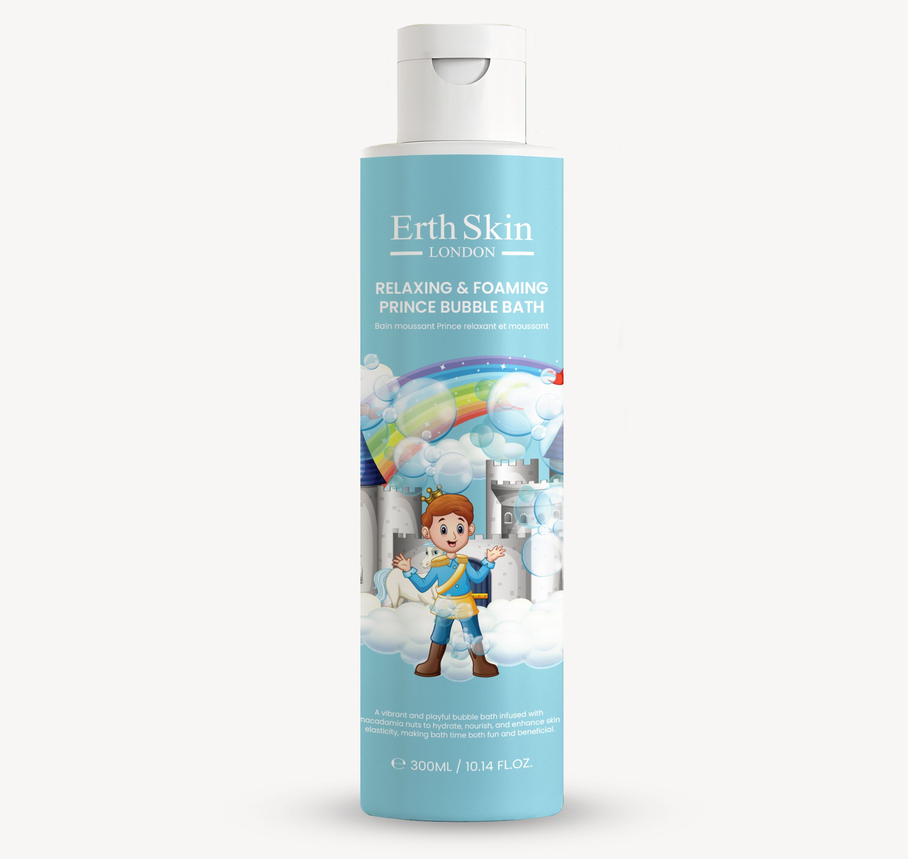 Hellblaue Flasche mit weißem Deckel. Etikett mit Illustration eines Prinzen, Regenbogen und Wolken. Text: Erth Skin London.