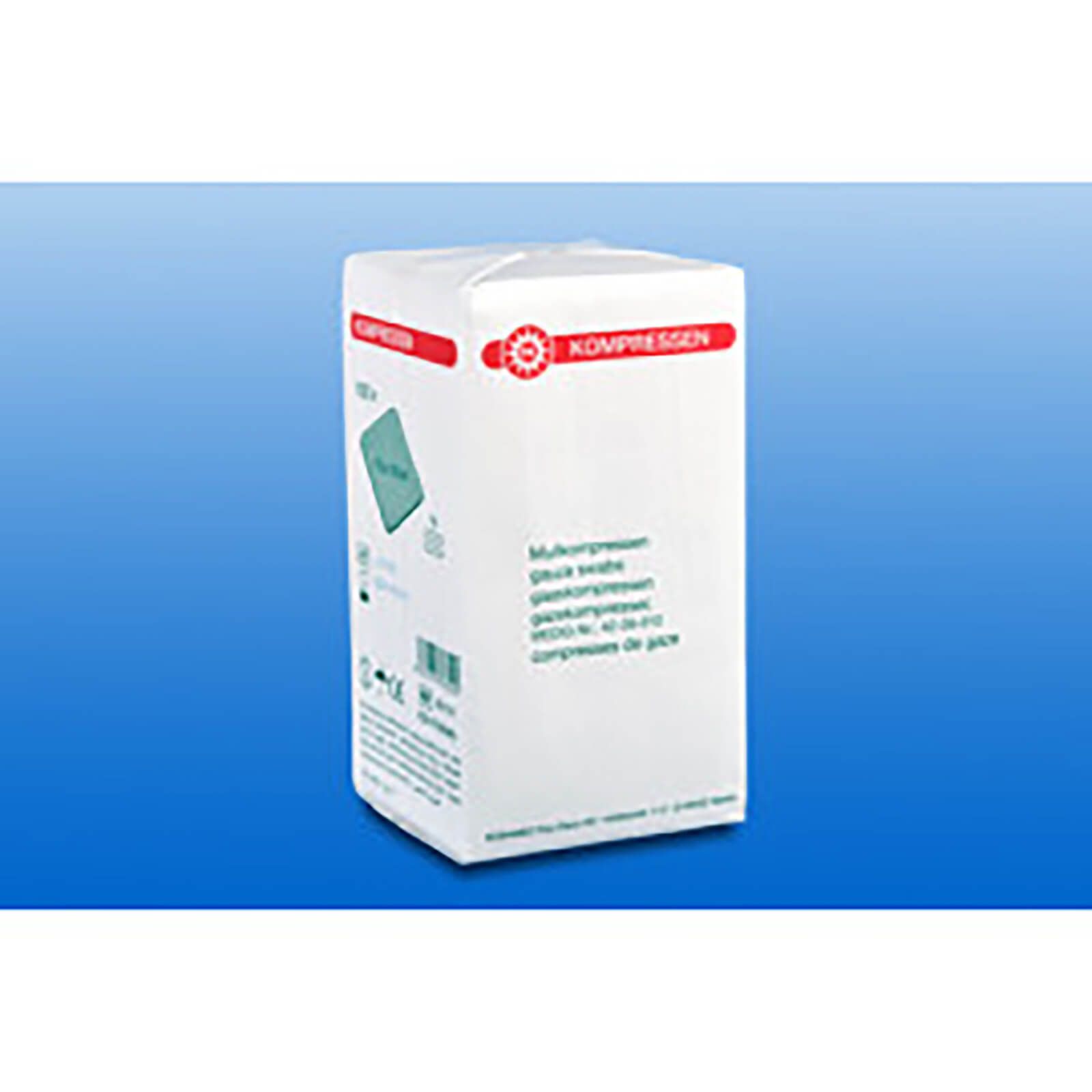 Verpackung mit Mullkompressen. Text und Logo. Unsteril.