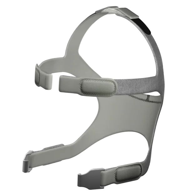 Graues Kopfteil für CPAP-Maske mit verstellbaren Riemen.