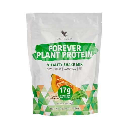 Beutel mit Forever Plant Protein. Aufschrift: Vitality Shake Mix, 17g Protein pro Portion. Abbildung von Kürbis und Erbsen.
