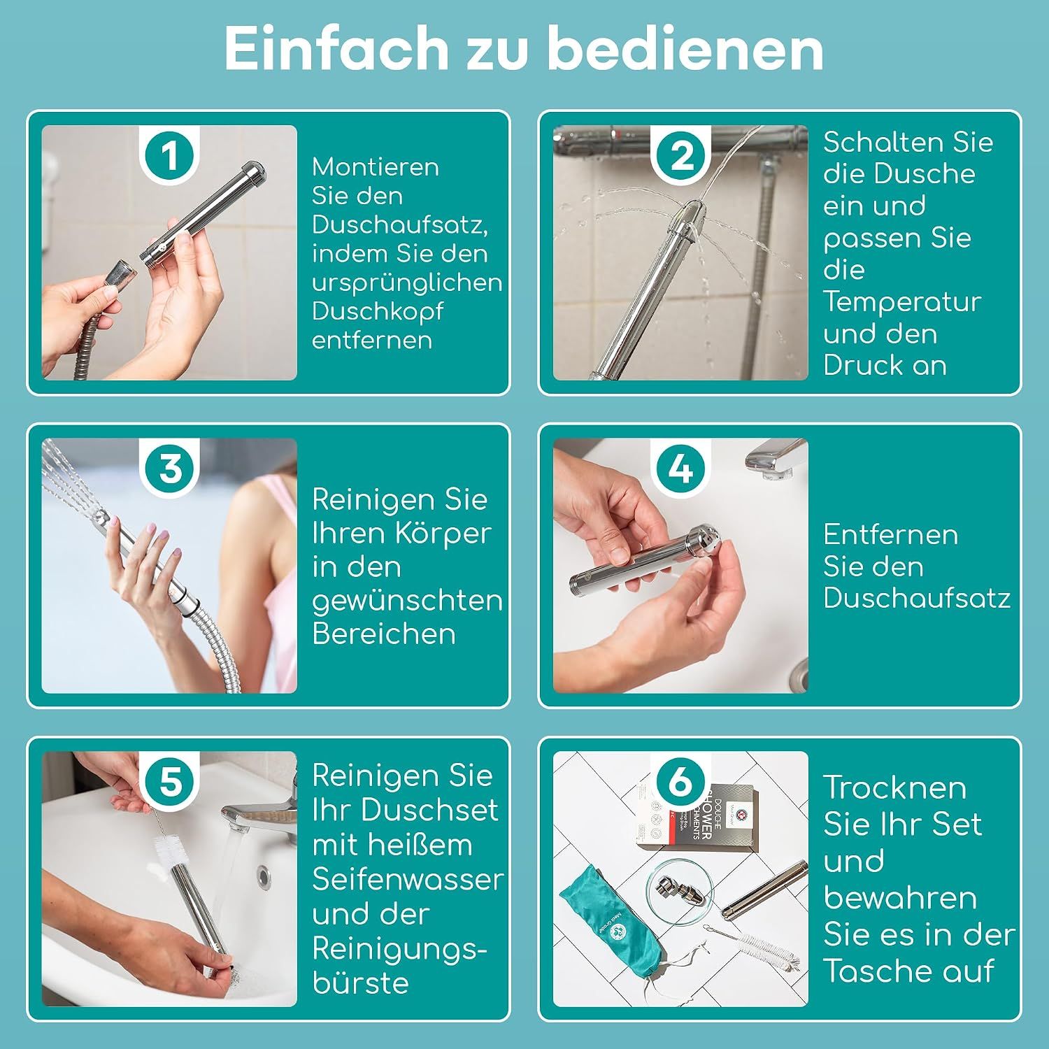 Anleitung zur Montage und Nutzung eines Duschkopf-Aufsatzes.