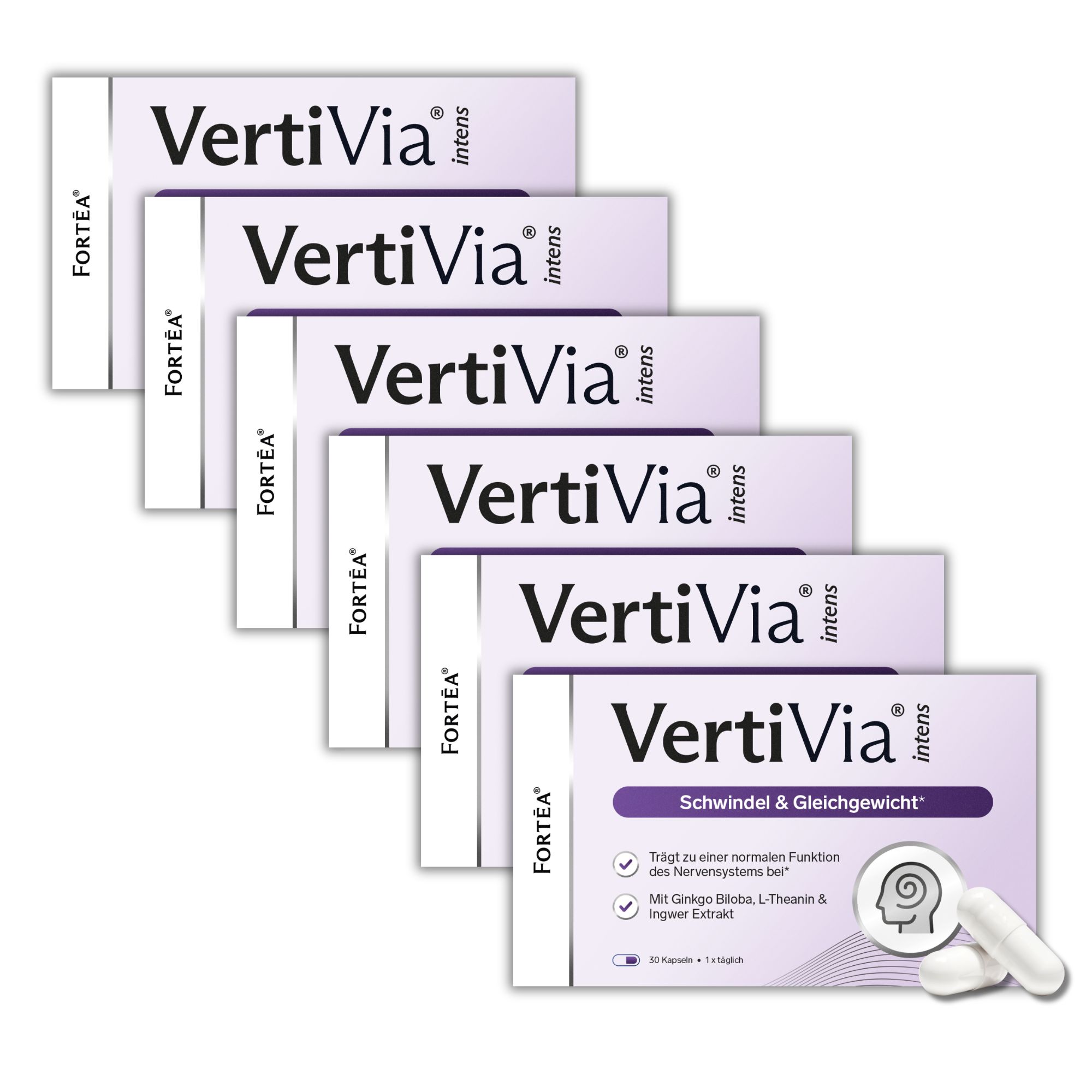 Sechs Packungen FORTEA VertiVia intens Schwindel & Gleichgewicht, Kapseln.